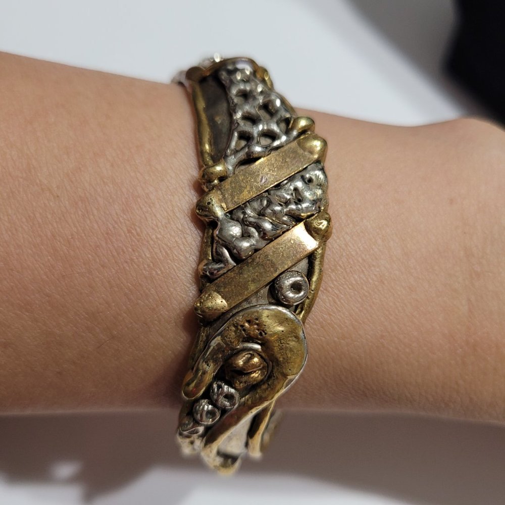 Vintage Artisan Mixed Metals Silver Brass Cuff Bracelet Southwest Brutalist